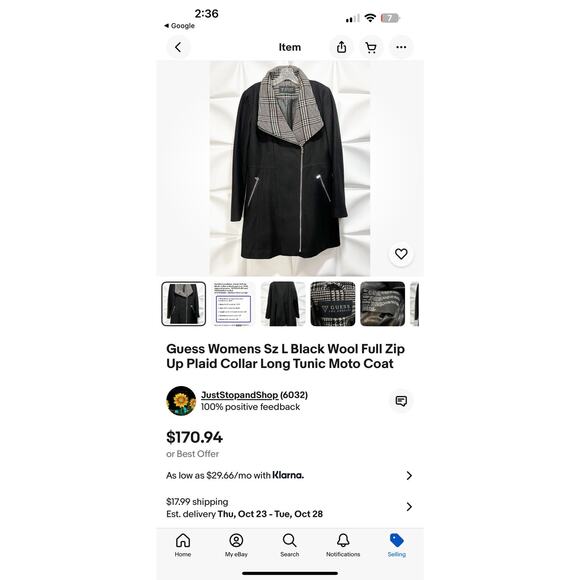 Guess Womens Sz XL BLK Wool Full Zip Up Herringbone Collar Long Tunic Moto Coat - Picture 14 of 15